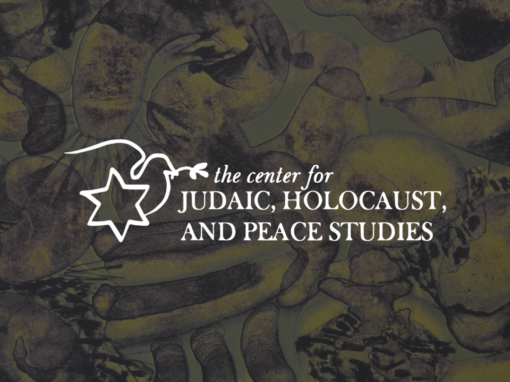 The Center for Judaic, Holocaust, and Peace Studies logo, in white, overlaid on Marianne Lieberman’s Lithograph, “Survivors.”