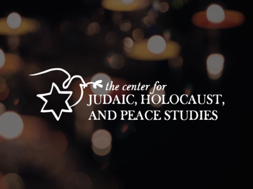 The logo for Appalachian State University's Center for Judaic, Holocaust and Peace Studies overlaid on a photo of candles burning.